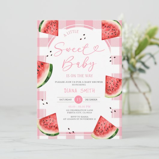Invitation baby shower de pastèque En vichy Bow rose (Debout devant)