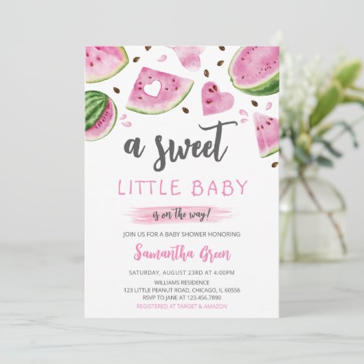 Invitation Baby shower de pastèque rose (Debout devant)