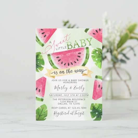Invitation Baby shower de pastèque rose tropicale (Debout devant)
