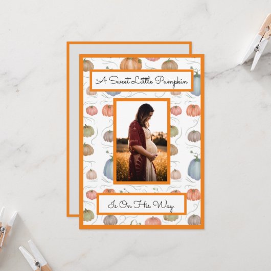 Invitation Baby shower de patchs couleur Citrouille aquarelle (Devant/Arrière en situation)