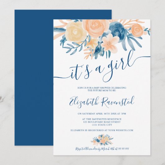 Invitation Baby shower de pêche bleu marine à l'aquarelle flo (Devant / Derrière)