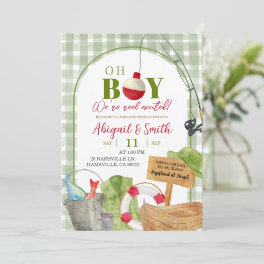 Invitation Baby shower de pêche En vichy Oh Garçon Green (Debout devant)