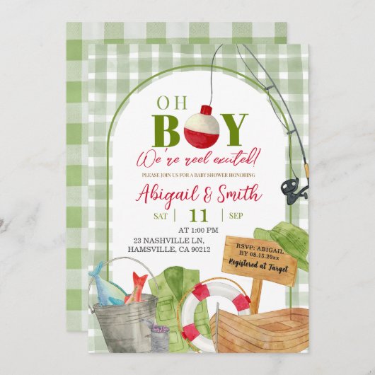 Invitation Baby shower de pêche En vichy Oh Garçon Green (Devant / Derrière)