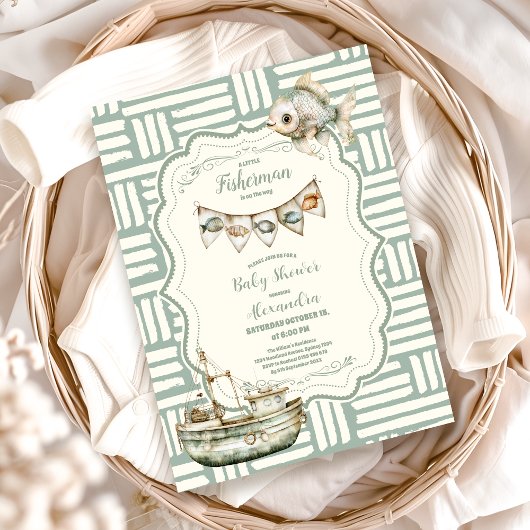 Invitation Baby shower de pêche Green Little Fisherman