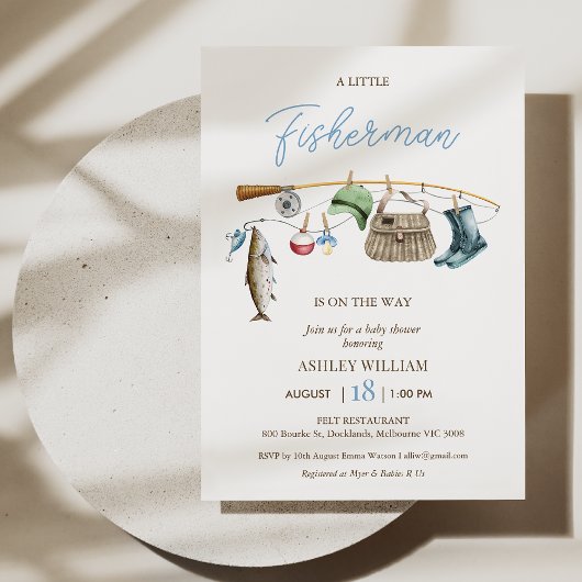 Invitation Baby shower de pêche moderne Blue Rod Boys de pêch