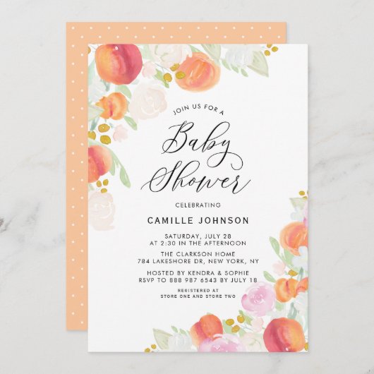 Invitation Baby shower de pêches et de fleurs d'aquarelle (Devant / Derrière)
