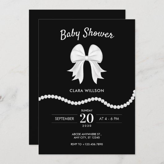Invitation Baby shower de perle à arc noir (Devant / Derrière)