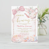Invitation Baby shower de perle rose Floral Bow Coquette (Debout devant)