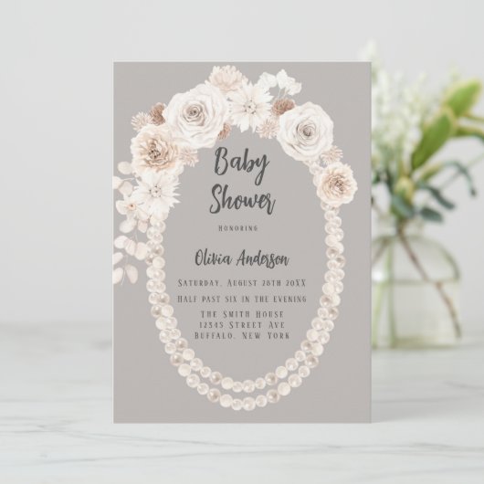 Invitation Baby shower de perles et fleurs beige et blanc (Debout devant)