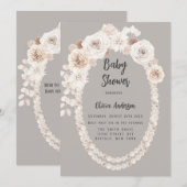 Invitation Baby shower de perles et fleurs beige et blanc (Devant / Derrière)