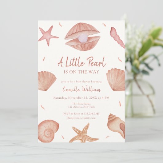 Invitation Baby shower de perles Neutral Summer Ocean Seashel (Debout devant)