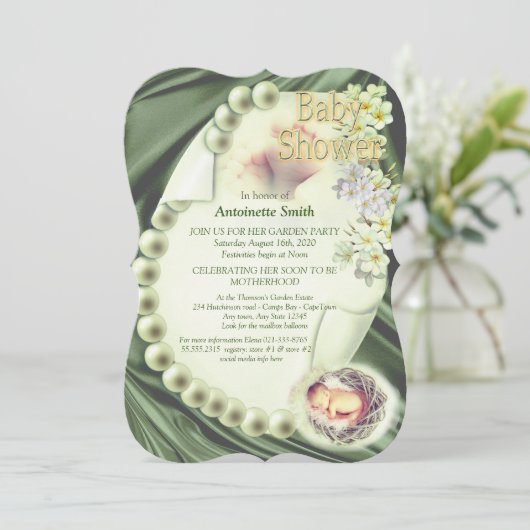 Invitation Baby shower de perles vertes (Debout devant)