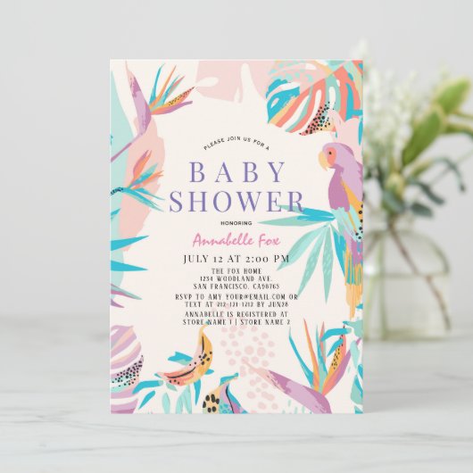 Invitation Baby shower de perroquet feuille coloré (Debout devant)