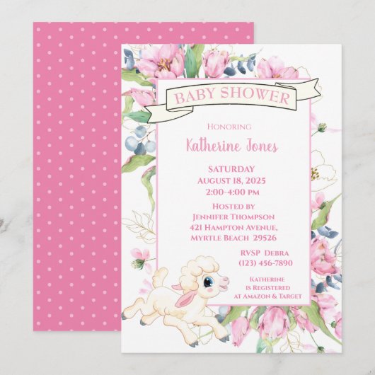 Invitation Baby shower de petit agneau rose floral (Devant / Derrière)