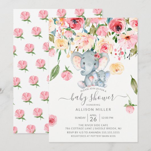 Invitation Baby shower de petit éléphant et maman rose des pi (Devant / Derrière)