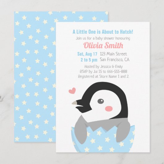 Invitation Baby shower de petit pingouin à l'éclos (Devant / Derrière)