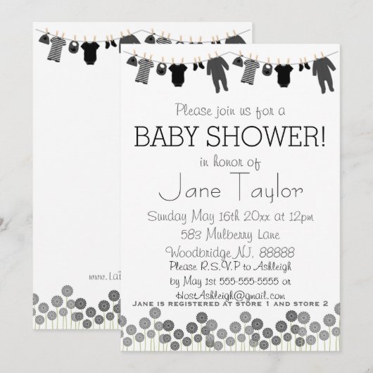 Invitation Baby shower de petits vêtements gris et noirs (Devant / Derrière)