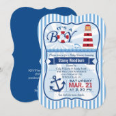 Invitation Baby shower de phare bleu, blanc et bleu marine (Devant / Derrière)