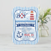 Invitation Baby shower de phare bleu, blanc et bleu marine (Debout devant)