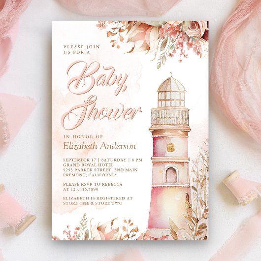 Invitation Baby shower de phare rose Boho Floral
