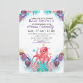Invitation Baby shower de pieuvre rose couleur de la mer océa (Debout devant)