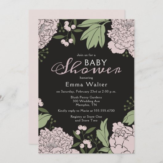 Invitation Baby shower de pignons noirs et roses (Devant / Derrière)
