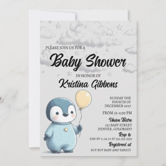 Invitation Baby shower de pingouin (Devant)