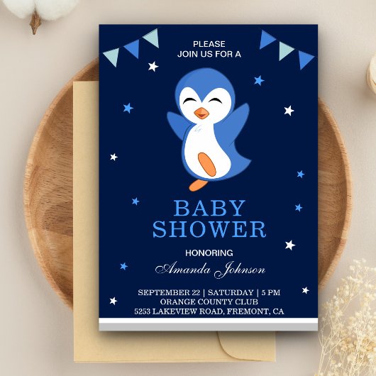 Invitation Baby shower de pingouin bleu mignon