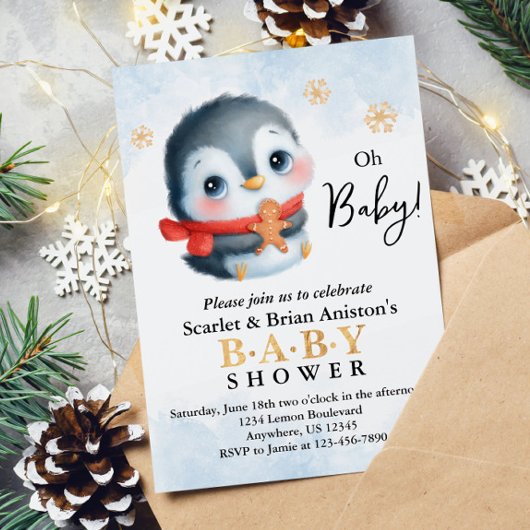 Invitation Baby shower de pingouin de Noël mignon
