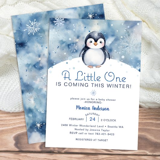 Invitation Baby shower de pingouin d'hiver avec des flocons d