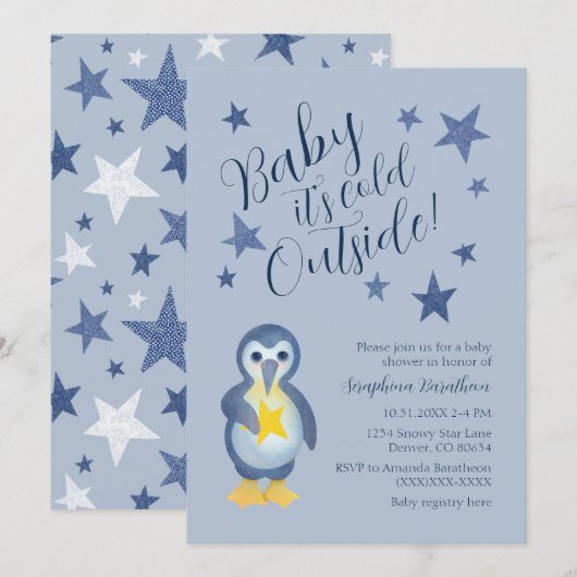 Invitation Baby shower de pingouin d'hiver Blue Stars (Devant / Derrière)