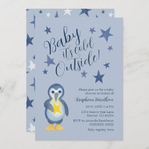 Invitation Baby shower de pingouin d'hiver Blue Stars