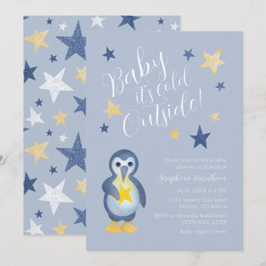 Invitation Baby shower de pingouin d'hiver jaune bleu (Devant / Derrière)