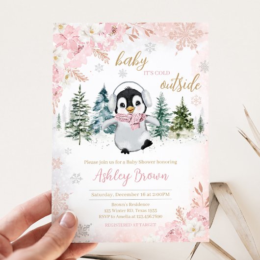 Invitation Baby shower de pingouin d'hiver rose