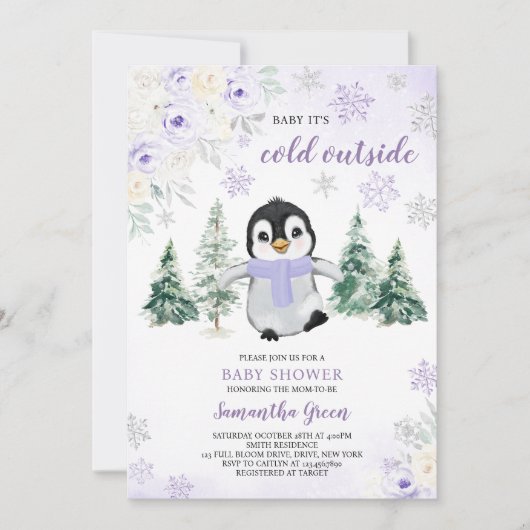 Invitation Baby shower de pingouin d'hiver violet (Devant)