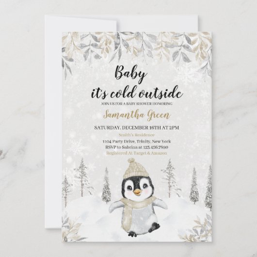 Invitation Baby shower de pingouin en argent or (Devant)