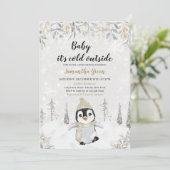 Invitation Baby shower de pingouin en argent or (Debout devant)