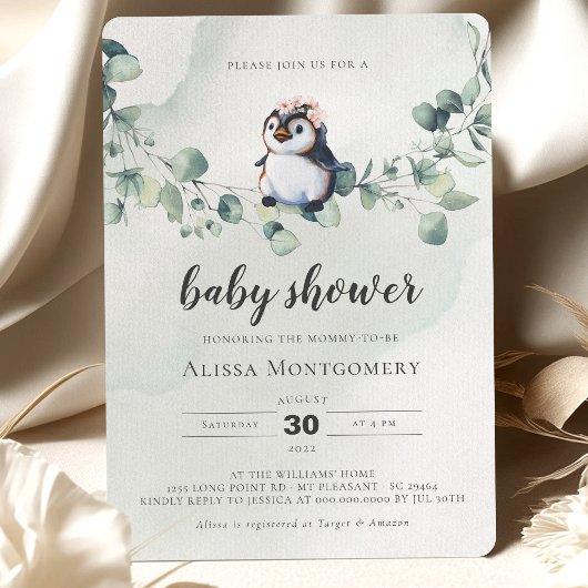 Invitation Baby shower de pingouin fille
