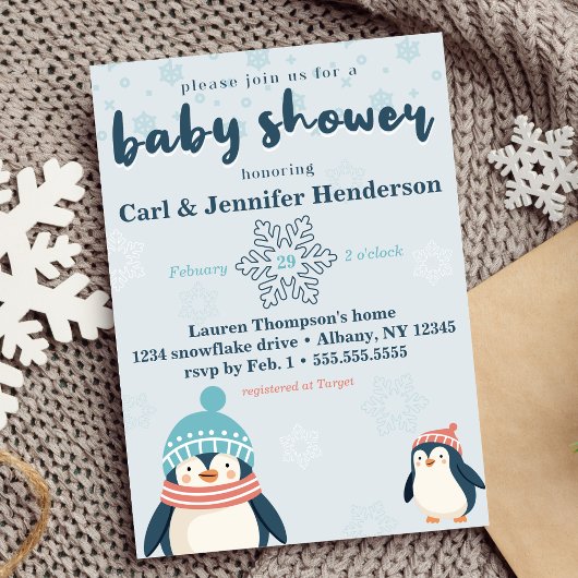 Invitation Baby shower de pingouin moelleux hivernal