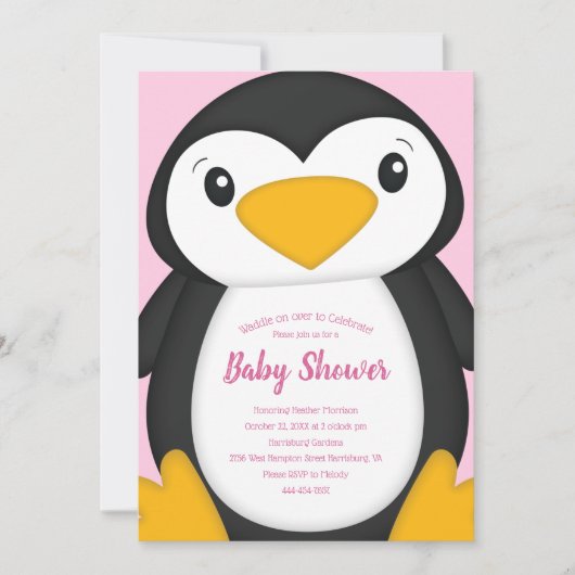 Invitation Baby shower de pingouin rose (Devant)
