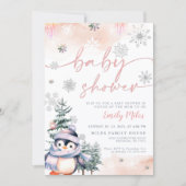Invitation Baby shower de pingouin rose et roux d'hiver (Devant)
