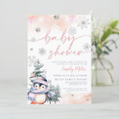 Invitation Baby shower de pingouin rose et roux d'hiver (Debout devant)