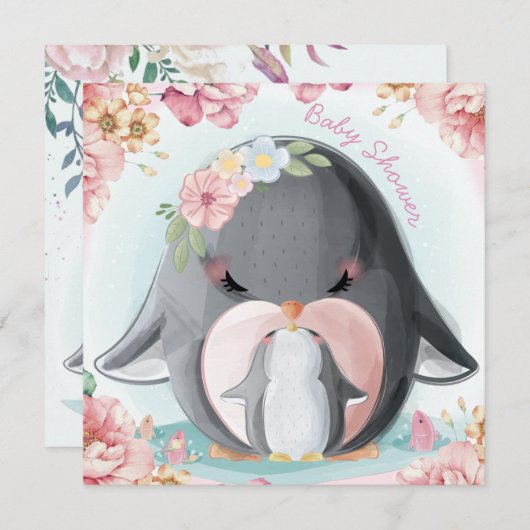 Invitation Baby shower de pingouins (Devant / Derrière)
