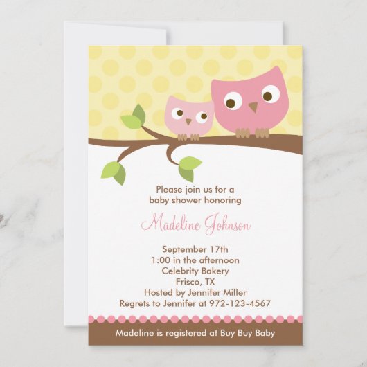 Invitation Baby shower de PInk Owls (Devant)