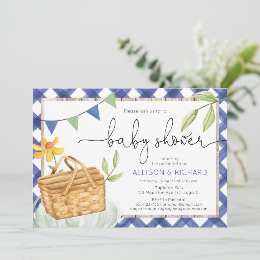 Invitation Baby shower de pique-nique en vichy bleu Pique-niq (Debout devant)