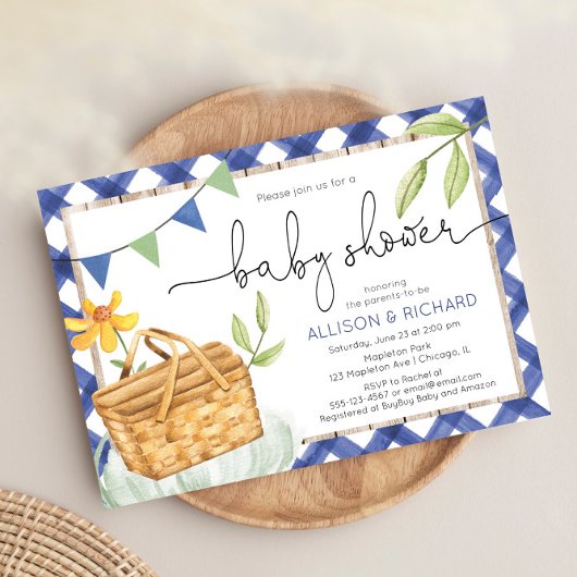 Invitation Baby shower de pique-nique en vichy bleu Pique-niq