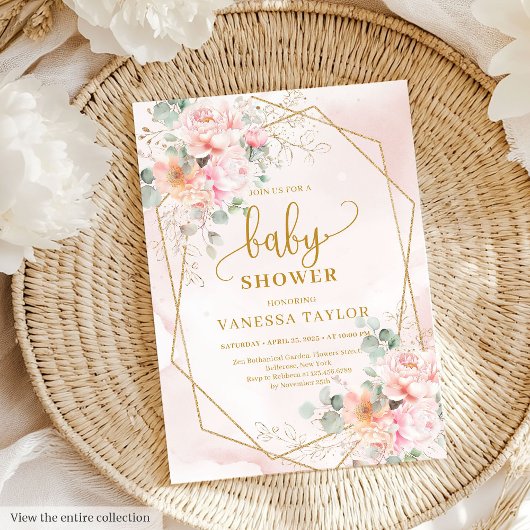 Invitation Baby shower de pivoines en or rose pâle