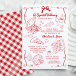 Invitation Baby shower de pizza tirée à la main<br><div class="desc">Fêtez l'arrivée prochaine de votre petit avec notre invitation fantaisiste à pizza "Livraison Spéciale", parfait pour un baby shower à thème pizza. Doté de charmants gribouillis à la main et d'une palette de couleurs rouge vif, cette invitation capte la joie et l'excitation de la cuisine italienne de manière délicieuse. Invitation...</div>