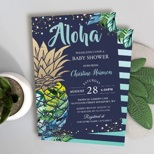 Invitation Baby shower de plage Blue Tropical Pineappy Beach