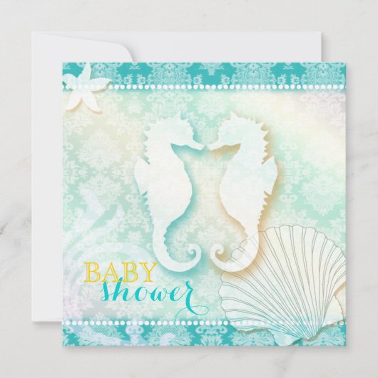 Invitation Baby shower de plage Damask Sea Horse (Devant)